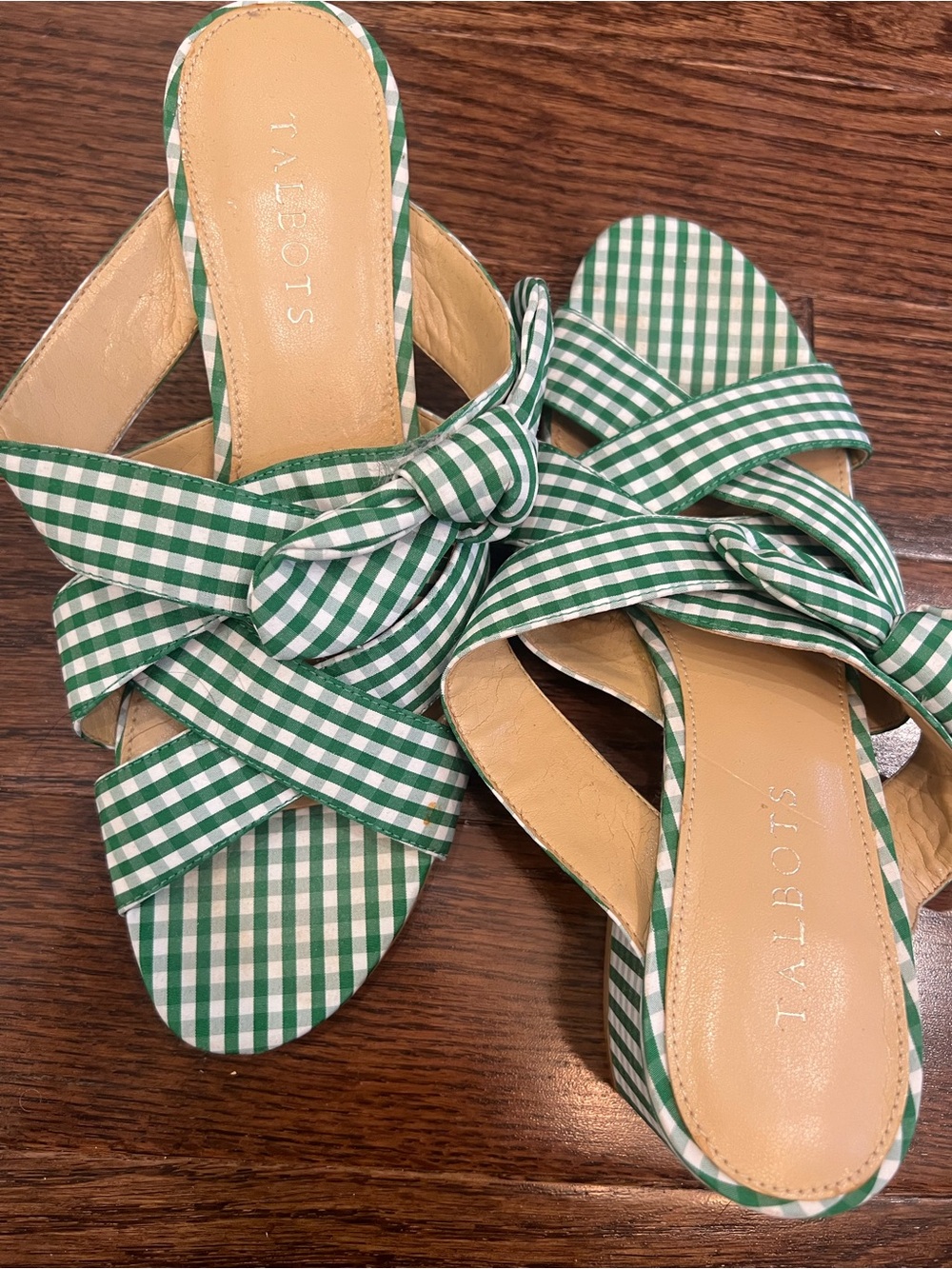 Talbots Green and White Gingham Knot-Front Slide Sandals
